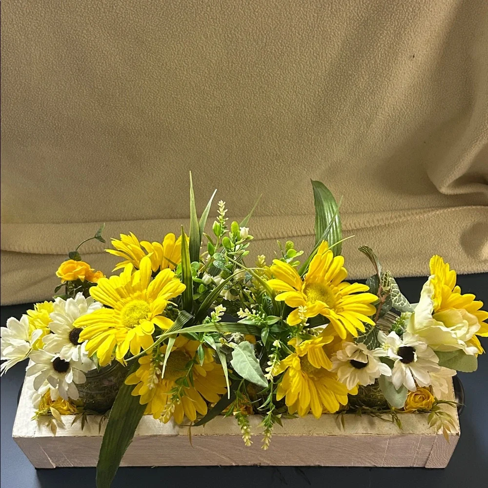 Yellow and White Floral Arrangement in Wooden Box homemade